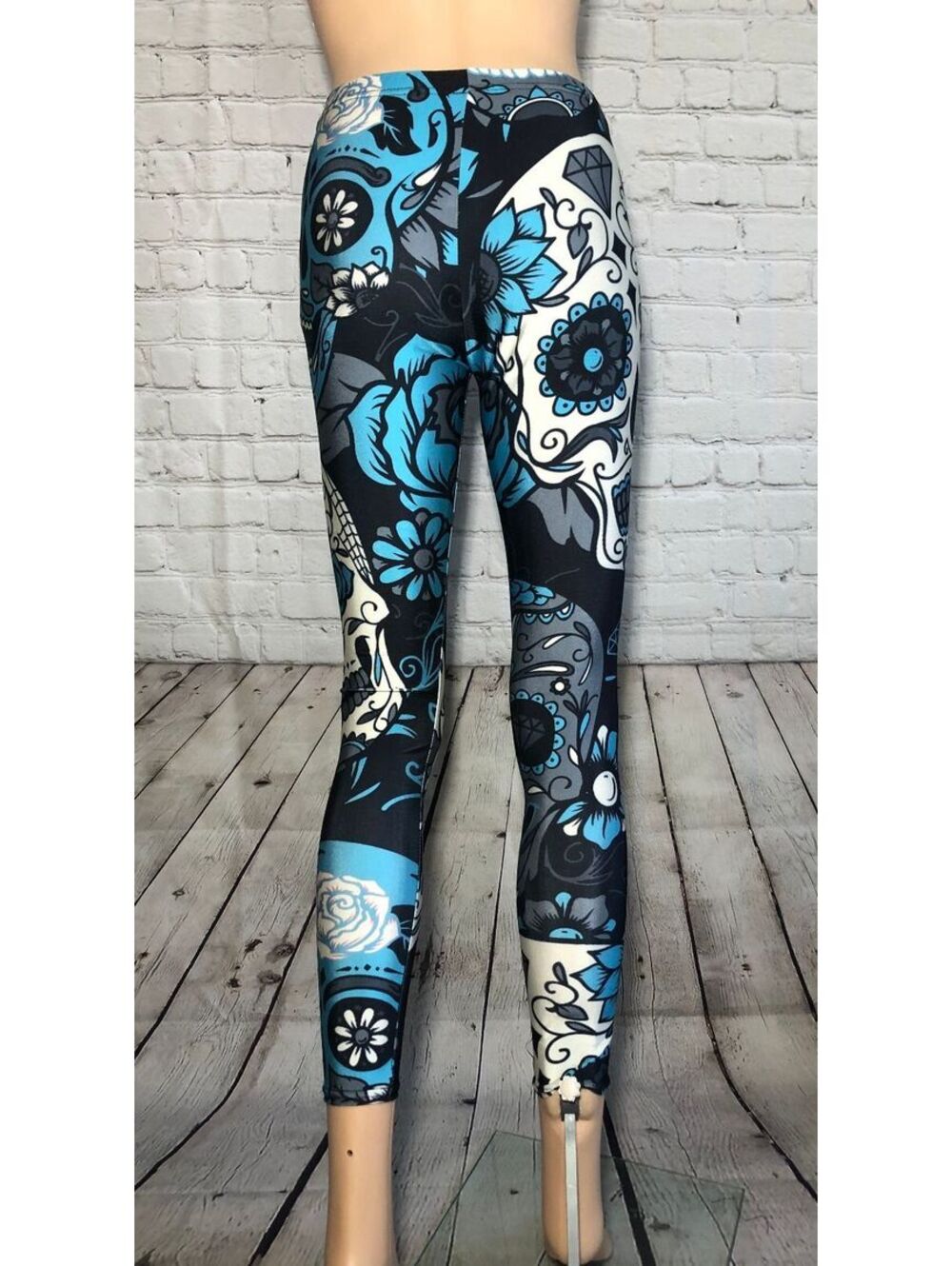 Blue and Black Sugar Skull Print Leggings NWOT One size
